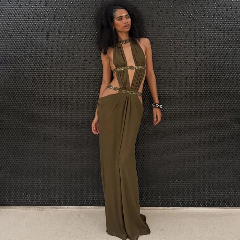 STYLISH LADY Cut Out Party Dress 2025 Summer Women Halter Backless Bodycon Elegant OL Solid Holiday Maxi Dresses
