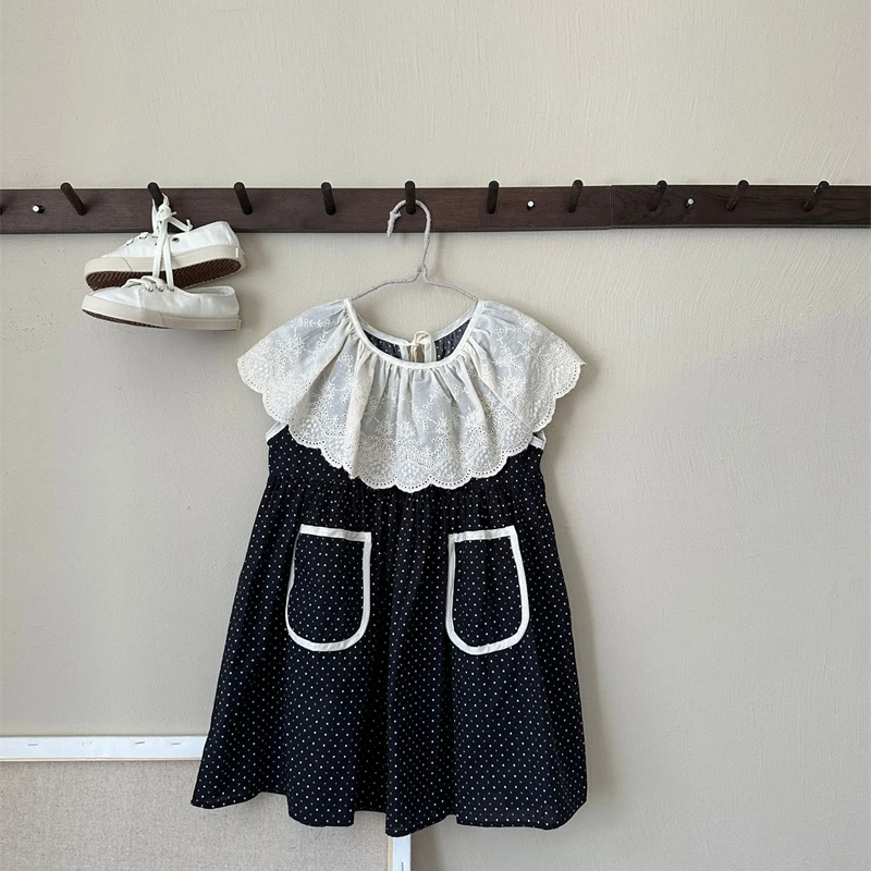 

2024 Girls Summer New Fashion Dresses Korean Edition Childrens Dresses Cute and Sweet Lace Flip Collar Girls Dresses