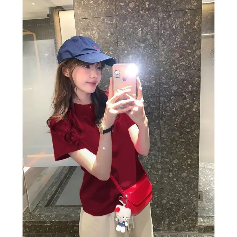 تي شيرت نسائي أنيق بأكمام قصيرة من القطن الخالص، تصميم فريد وعصري لفصل الصيف، جودة عالية، قطن كوري الطراز بقصة مستقيمة