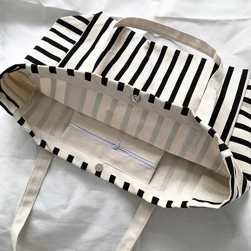 Summer Ladeis Striped Canvas Tote Handbag Retro Shopping Beach Simple Shoulder Bag Casual Vacation Commuter Bag