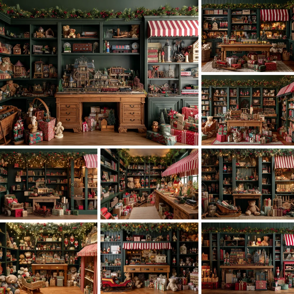 Vintage Toy Shop Christmas Backdrop Dark Green Display Cabinet Train House Doll Gift Box Rustic Portrait Photo Booth Background
