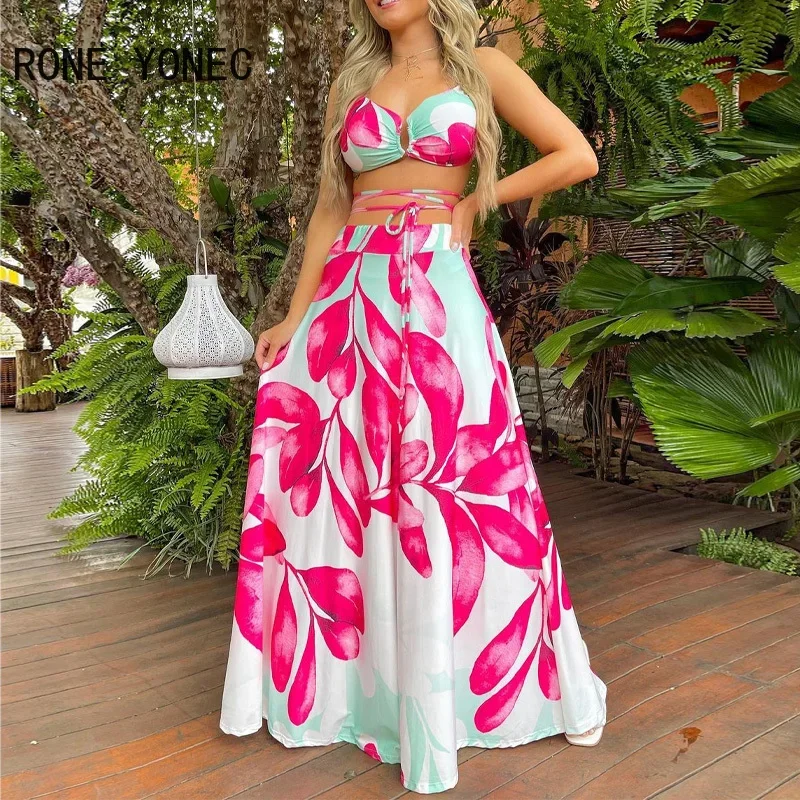 Women Casual Floral Print Halter Criss Cross Lace Up Bras Crop Tops Maxi Vacation Beach Skirt Sets