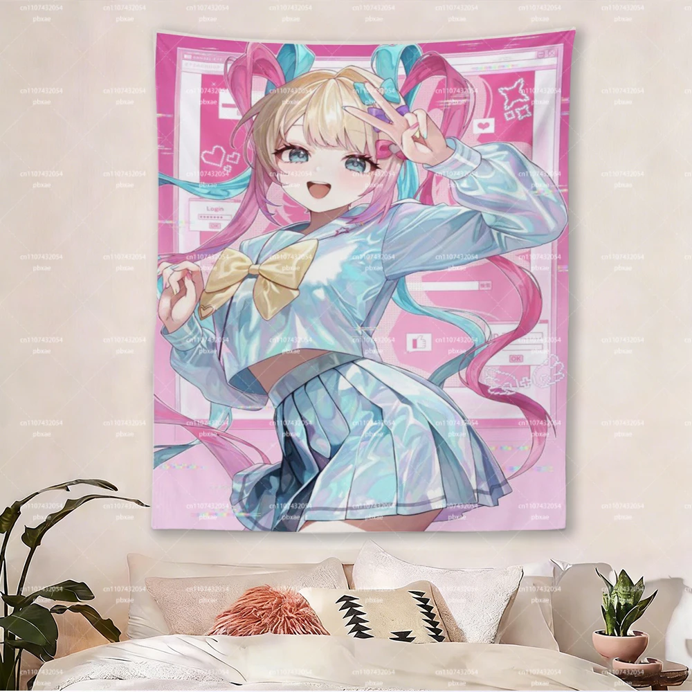 Kawaii Y2K Anime Girl Tapestry, Pink Holographic Wall Hanging for Bedroom Dorm Decor
