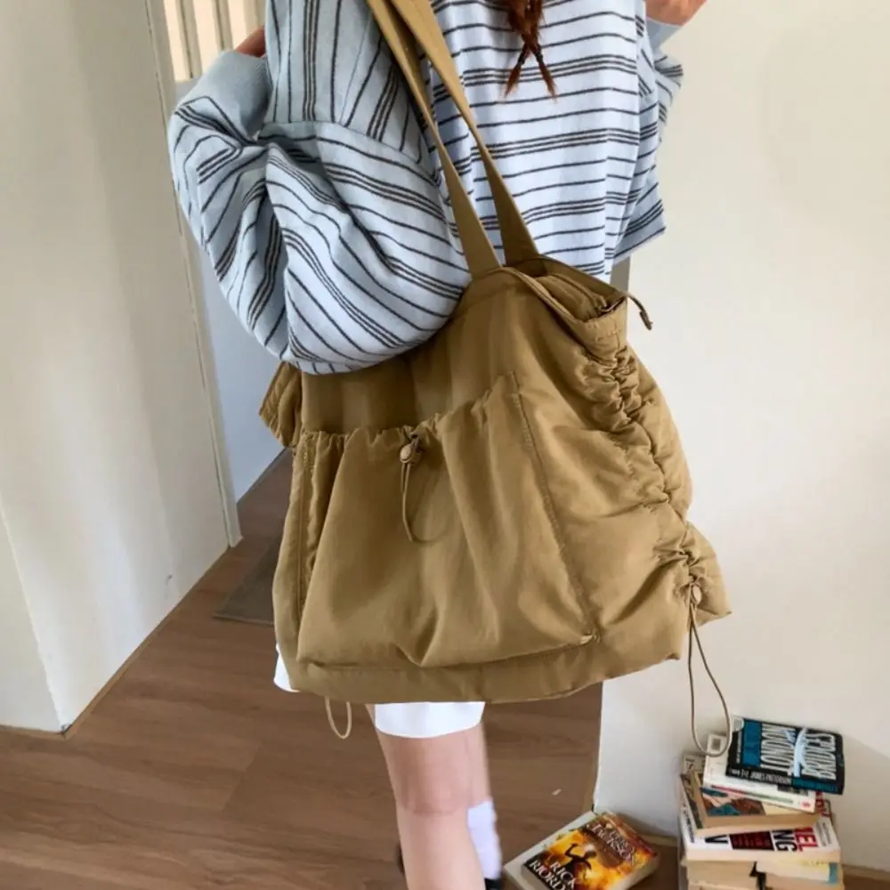 

Fashion Korean Drawstring Tote Bag Casual Commuting Wrinkled Shoulder Bag Solid color Large Capacity Work Handbag Daily