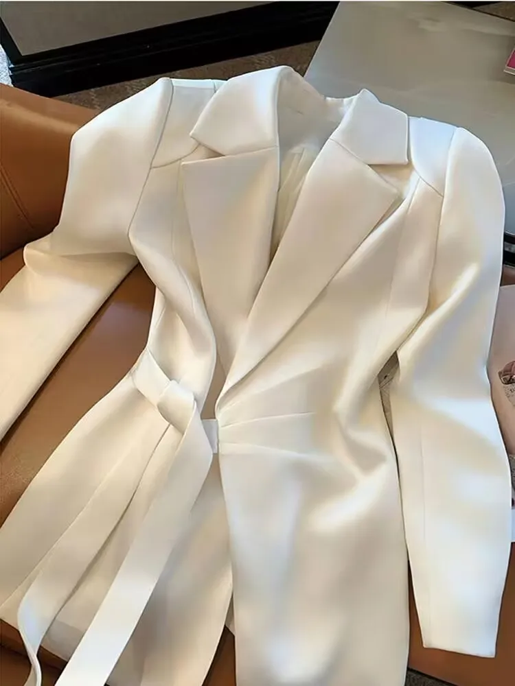 White Solid Color 2026 Autumn New Korean Style Slimming Belted Blazer with Waist-Cinching Design for Women Lace-Up Jacket Black