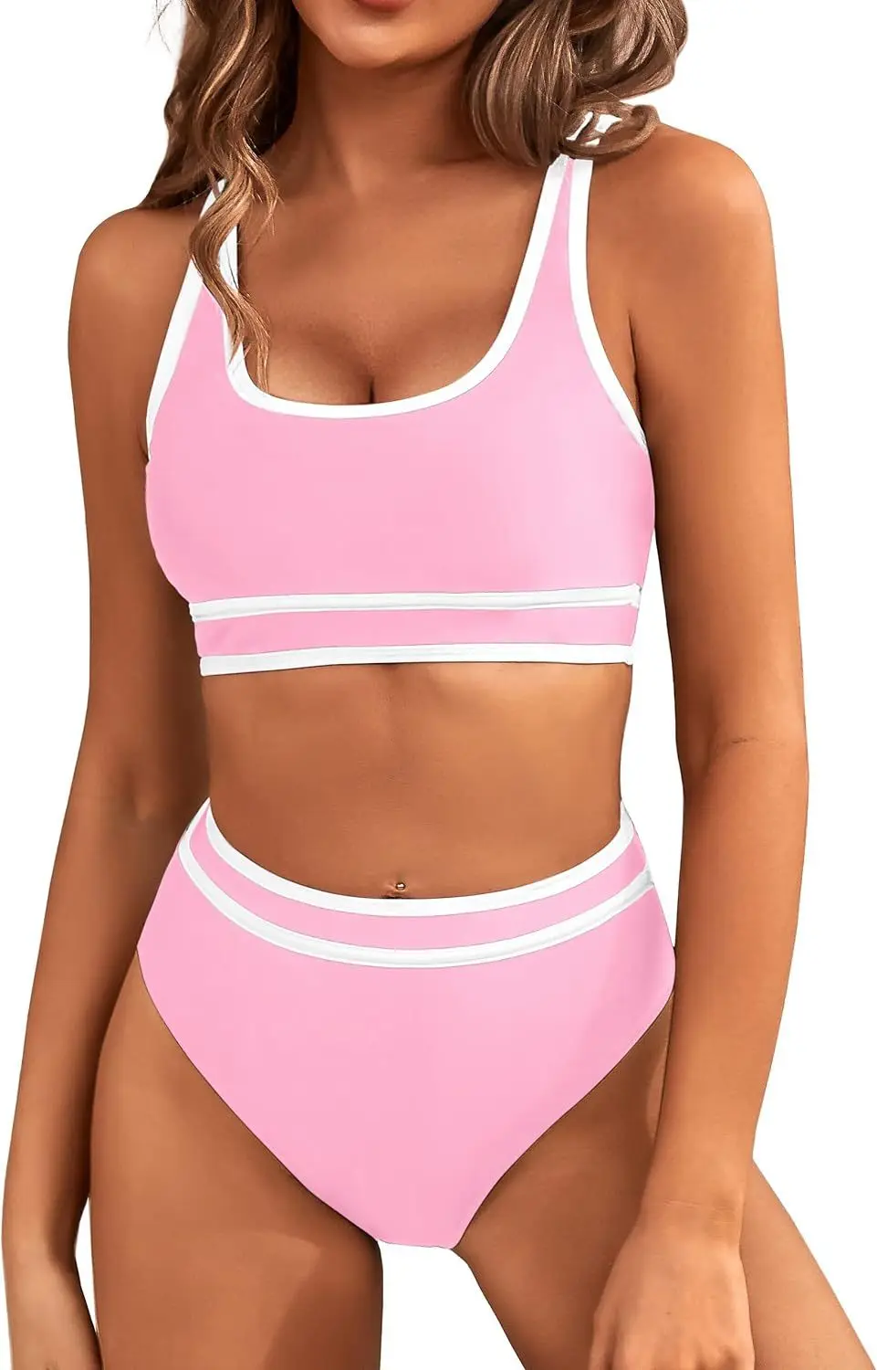 Women's Solid Color High Waist Bikini Set Contrast Trim Scoop Neck Sports Style Swimwear Stylish Casual Beach & Pool Outfit