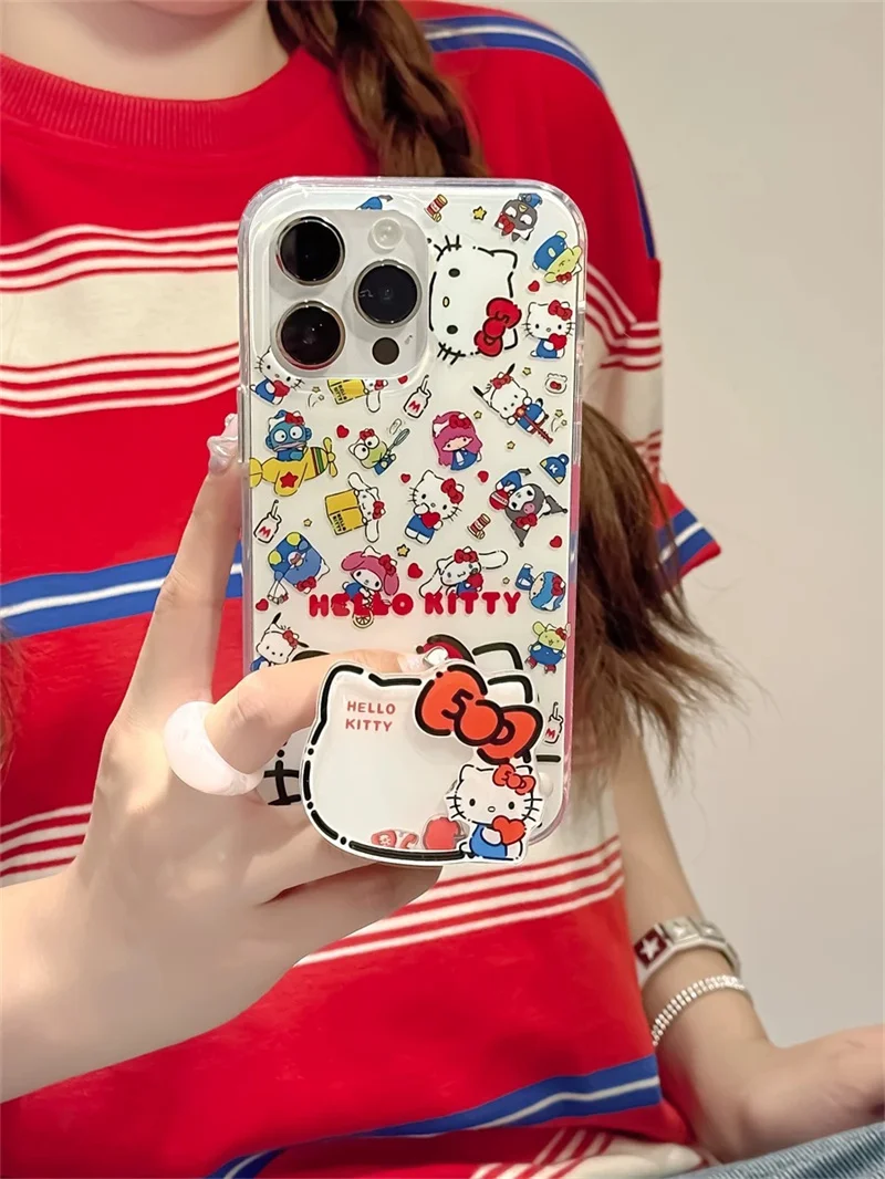 Cartoon Cute Hello Kitty Melody Cinnamoroll Kuromi Stand Case For iPhone 11 12 13 14 15 Pro Max 16 Pro Shake Kitty Holder Cover