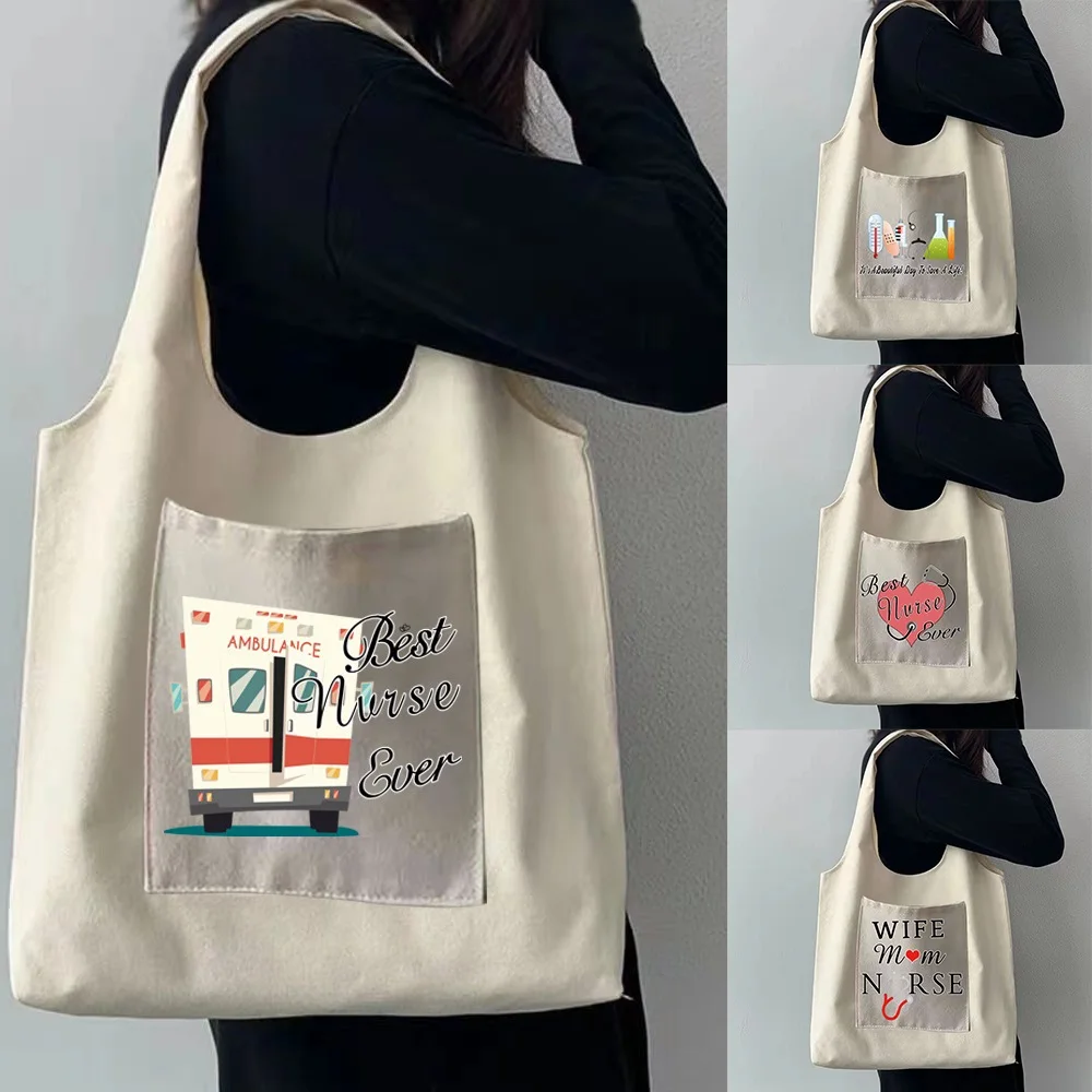 Shopping Bag Ladies Travel Portable Messenger One-shoulder Canvas Vest Bag Simple Printing Side Pockets Washable Storage Bags