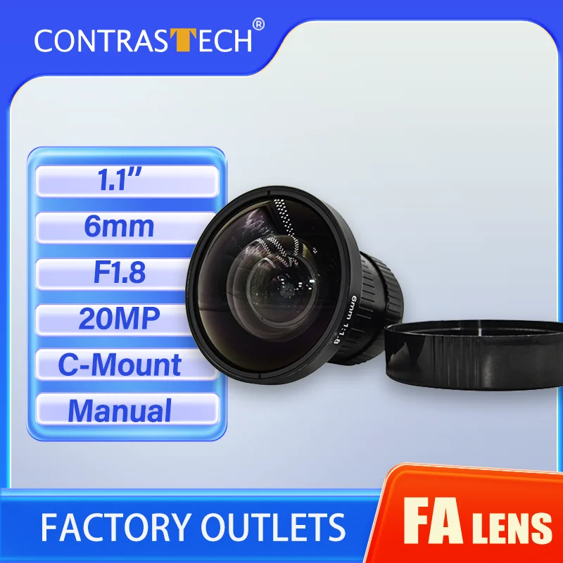CONTRASTECH 20MP Camera Lenses 1.1 Inch High Resolution C Mount F1.8 Manual Iris Large Depth Of Field Industrial Lens 6mm