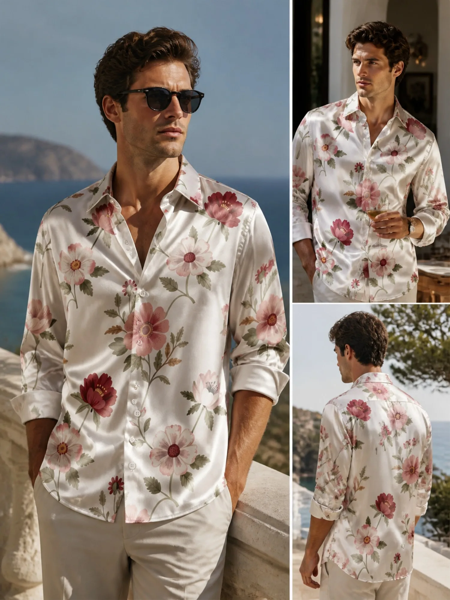 Mens Satin Long Sleeve Button Down Printed Dress Shirt Silky Glossy Fabric Business For Workday Office Commute Business Wear