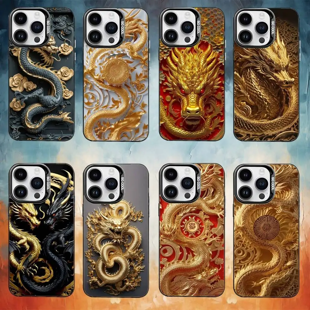 حافظة هاتف فاخرة منقوشة على شكل تنين لهاتف iPhone17,16,15,14,13,12,11 Plus، Pro Max غطاء مقاوم للصدمات من الحلوى السوداء غير اللامعة