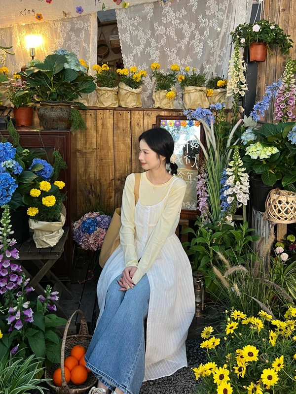 

Белый PPHOME Весенний сезон Корейский Sle Long Sve Strap Dr Женский модный комплект Желтый топ из двух предметов Long Sve Dr