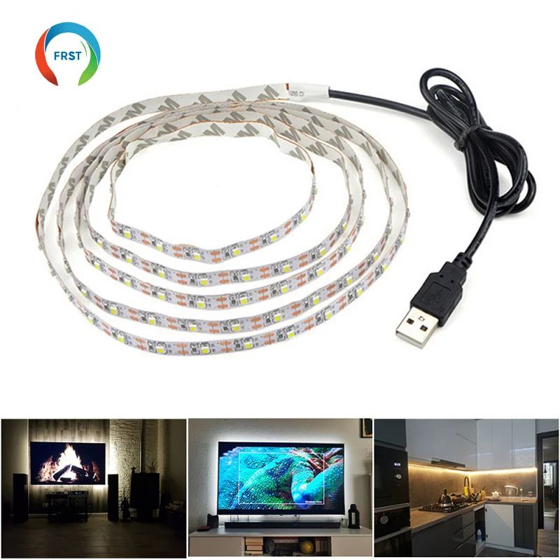 Tira de luces LED RGB para decoración del hogar, cinta de iluminación de fondo de TV, lámpara de 1-15m, CC de 5V, USB, 2835, Blanco cálido, 5050