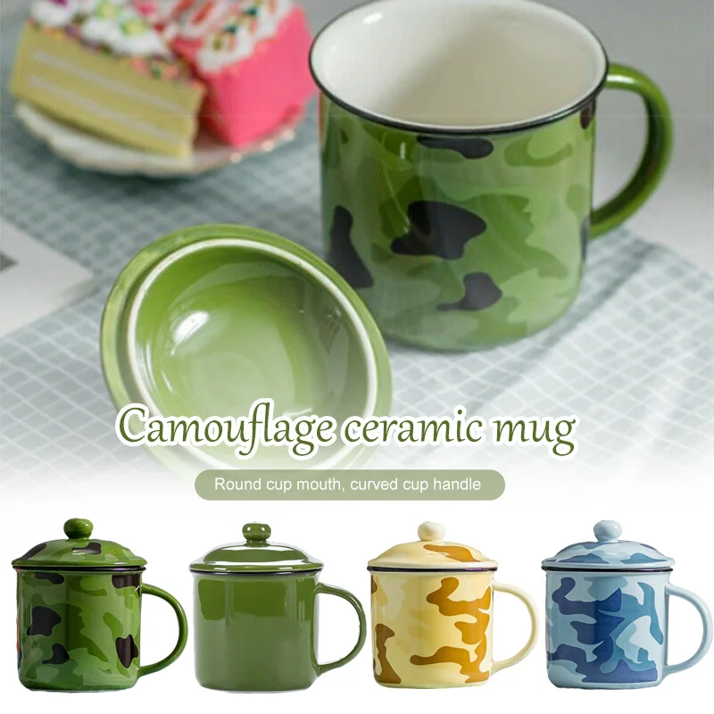 

Nostalgic Retro 400ml Coffee Mugs Ceramics Water Cup with Lid and Handle Camouflage Imitation Enamel Mug Beer Drink Milk Tea Cup