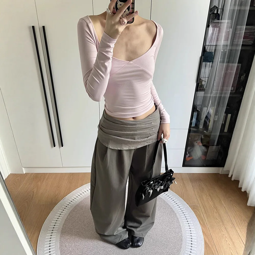 

2026 Spring Summer New Base Layer Women's Pink V Neck Regular Shoulder Long Sleeve T Shirt Slim Fit Inner Wear Basic Top
