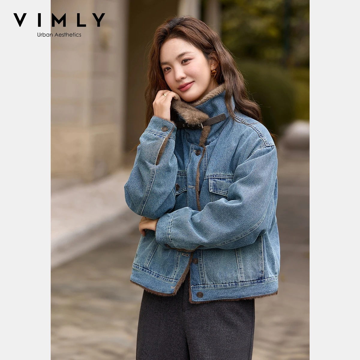 

VIMLY Denim Coat for Women 2026 Winter Vintage Artificial Fur Collar Fleece Lined Jackets Thicken Warm Office Lady Clothes 30565
