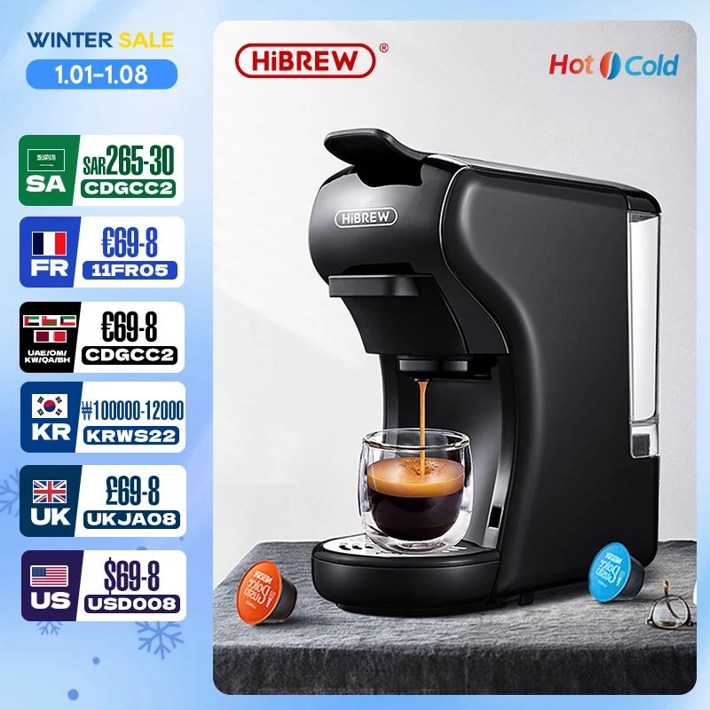 HiBREW Coffee Machine 19 Bar 4in1 Hot & Cold Multiple Capsule Espresso Cafetera Pod Coffee Maker Dolce Milk Nexpresso Powder H1A