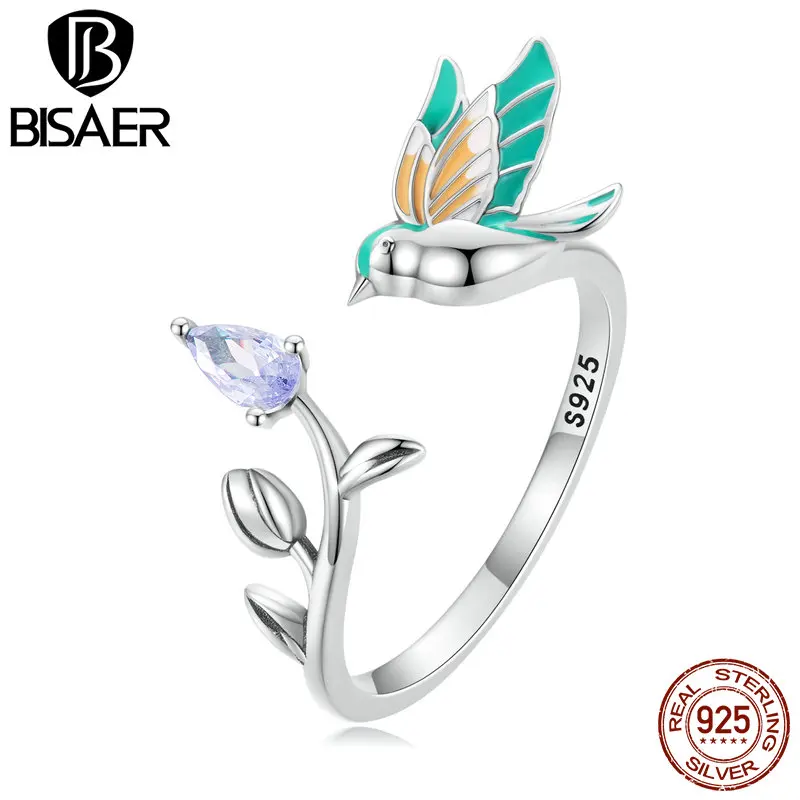 BISAER 925 Sterling Silver Bird Kingfisher Adjustable Ring Size 5-10 Flowers Animal Original Design Fine Jewelry For Party Women