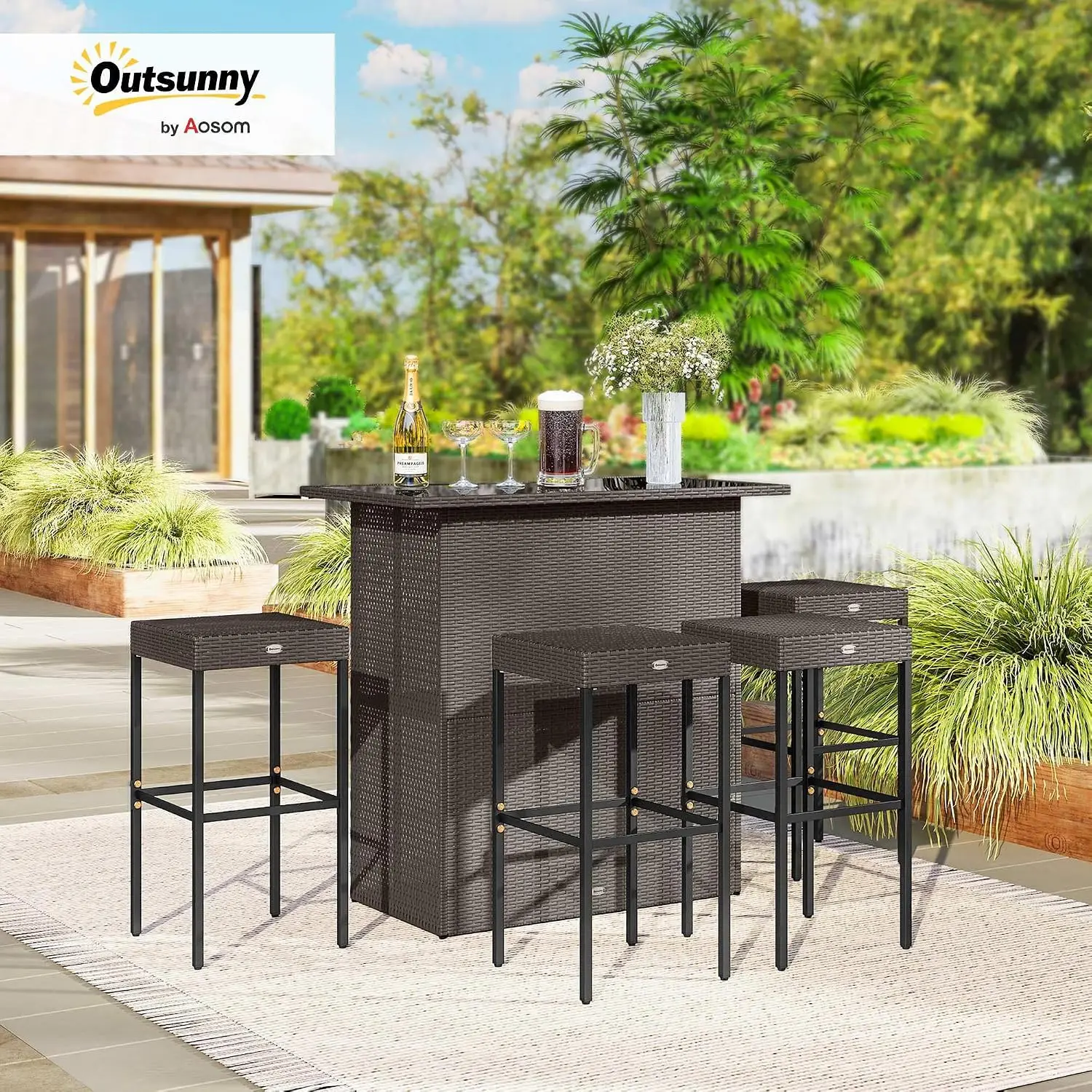 5 Pcs Rattan Bar Set High Top Outdoor Table & 4 Stools Glass Top 2 Tier Storage Shelf Garden Poolside Dark Brown, Customized