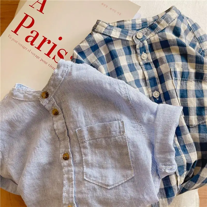 Children\'s Cotton Short-Sleeved Shirt Summer New Boys And Girls Striped Plaid Shirts With Pocket Baby Casual Loose Tops WT820