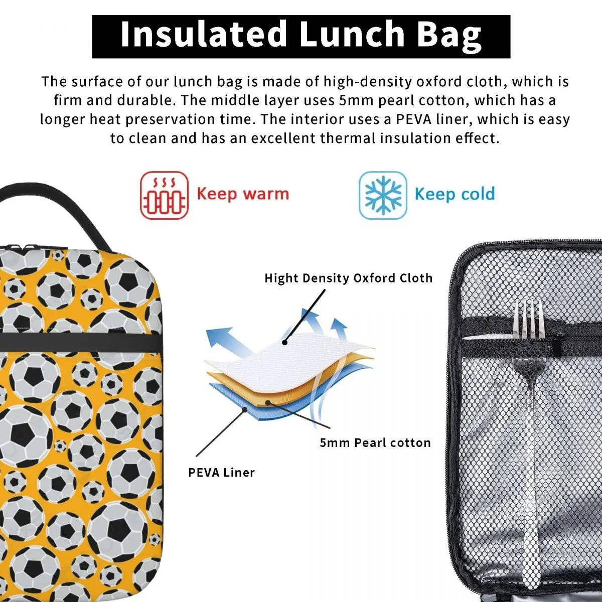 Lunch Bag isolado para mulheres e crianças, refrigerador térmico à prova de vazamento, padrão de futebol e futebol, escola e crianças