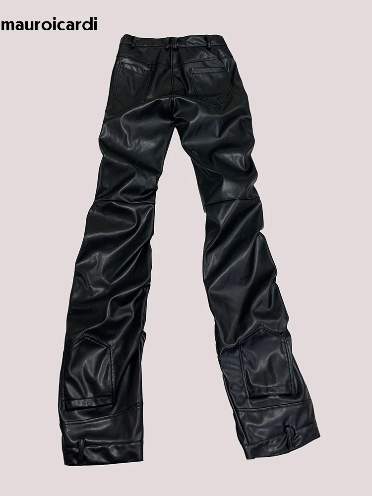Nerazzurri Autumn Long Fitted Ruched Skinny Soft Matte Black Pu Leather Stacked Pants Men Luxury Punk Style Clothes Streetwear