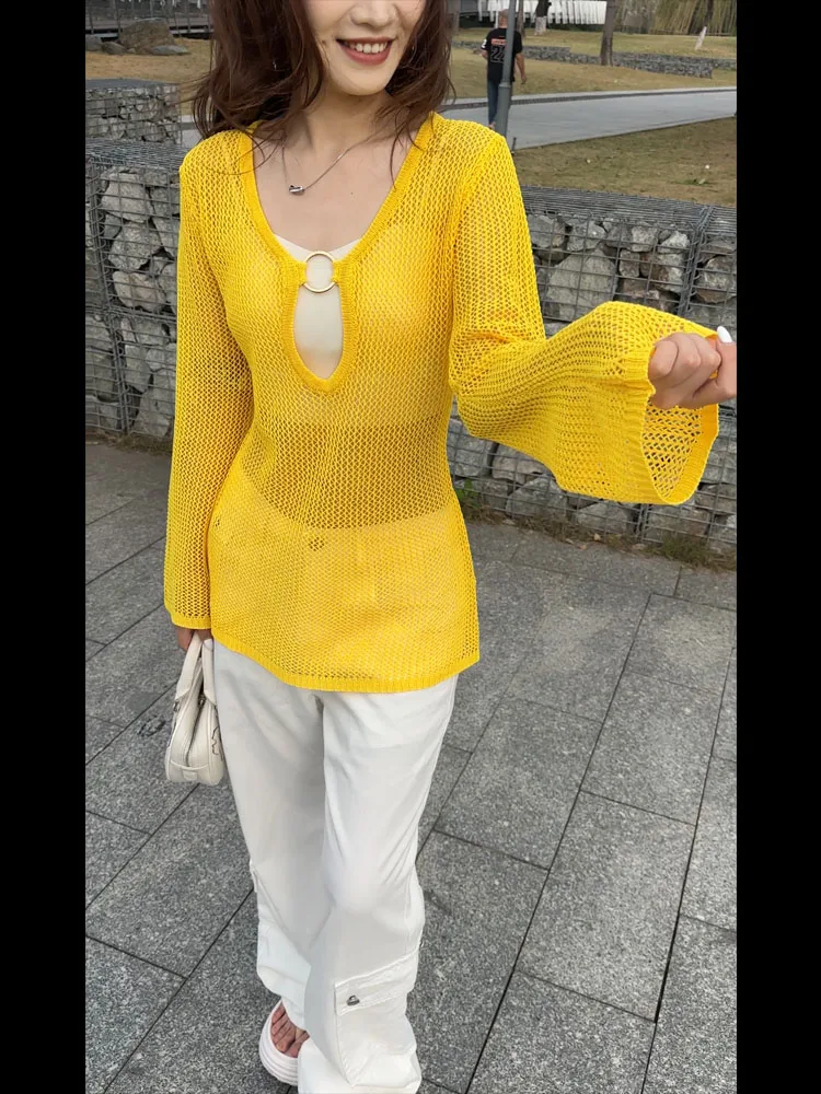 

Новинка: Универсальная повседневная вязаная футболка с длинным рукавом и круглым вырезом из хлопка, с ажурными элементами, для весны и лета.