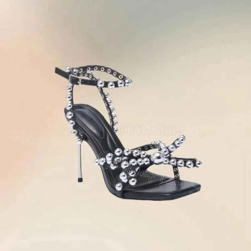 

Silver Beads Bow Knot Black Open Toe Sandals Buckle Strap Women Shoes Thin High Heels Sexy Party Dating 2025 Zapatos Para Mujere