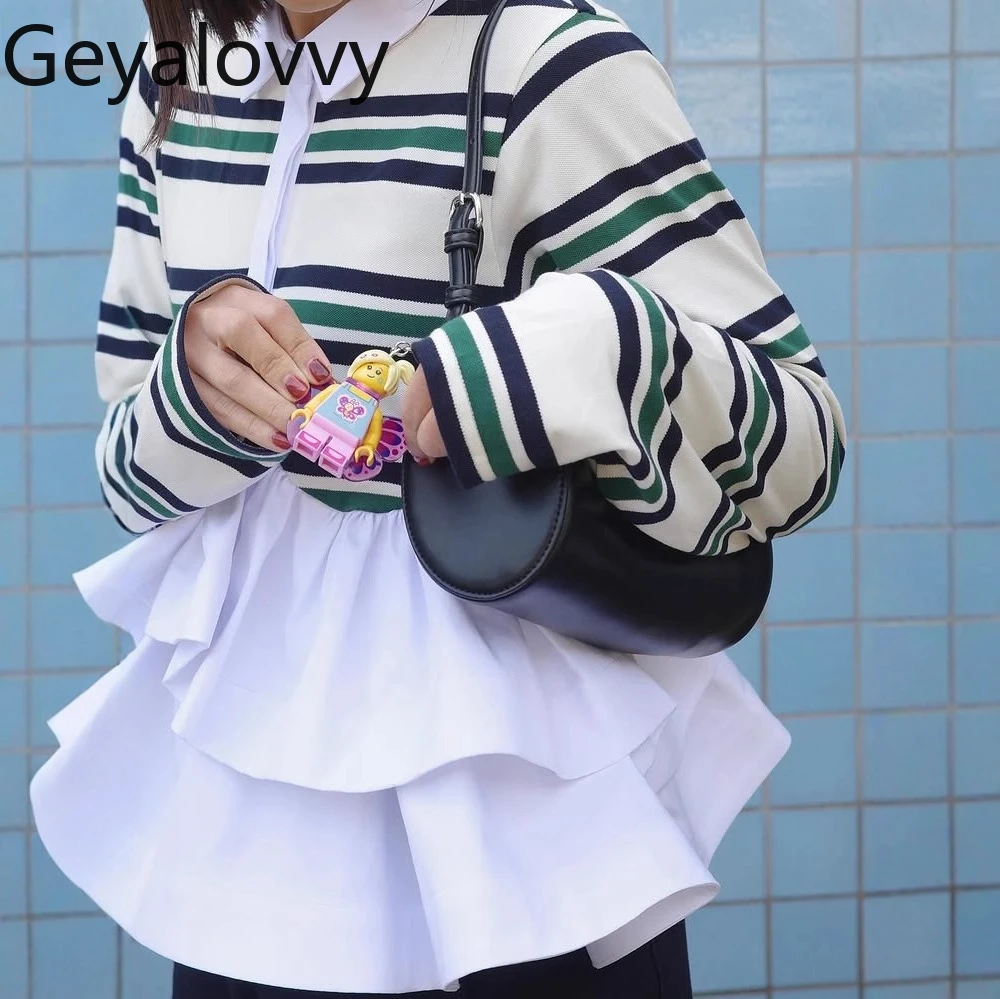 

Japanese Style Classic Ruffled Hem Striped Long Sleeve T-Shirt Simple Turn-Down Collar Sweet Girls Versatile Polo Shirt