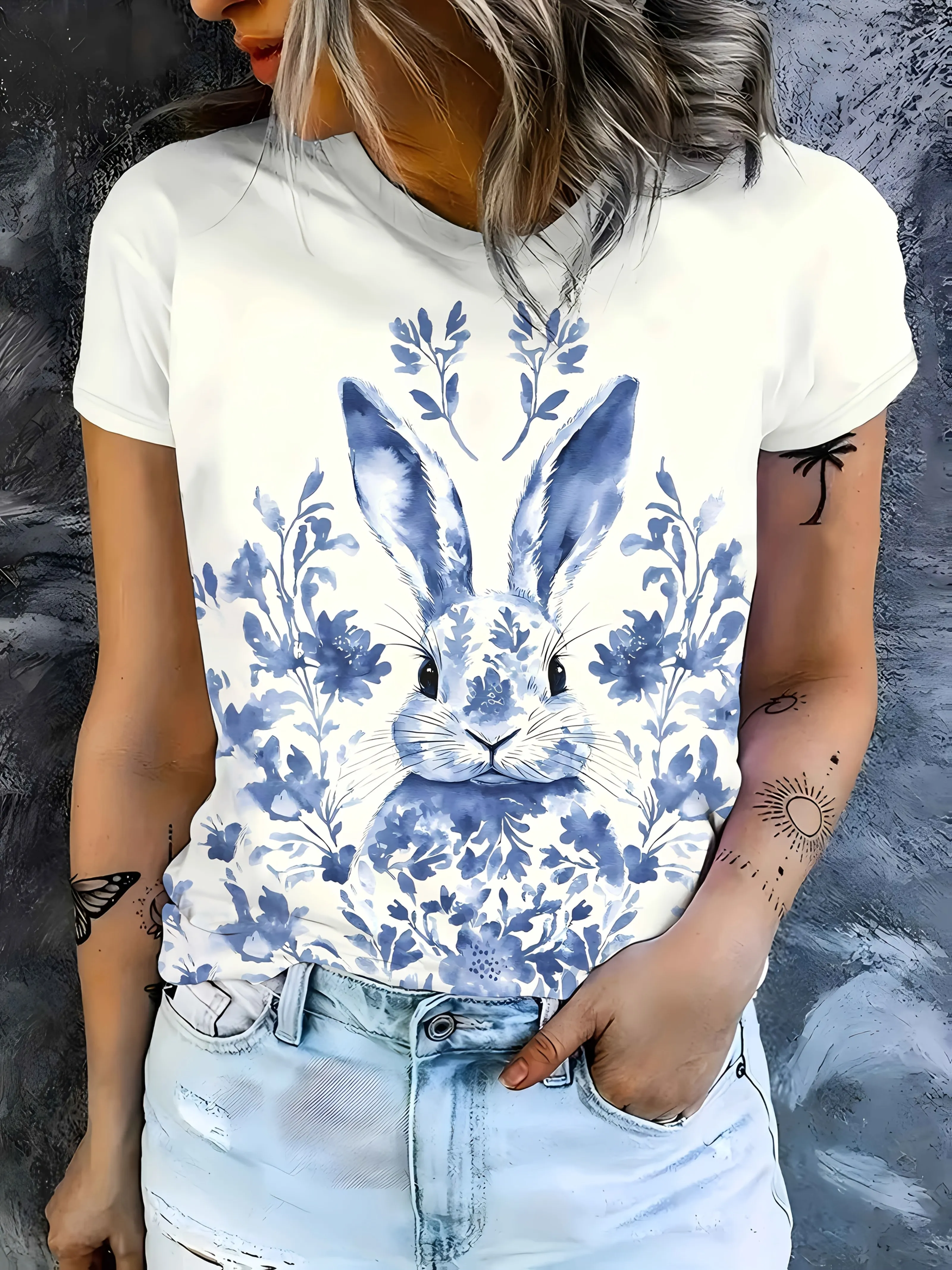 White Women's Tee - Blue Porcelain Style Rabbit & Floral Graphic, Elegant Chinese Pattern Design for Casual Daily Wear