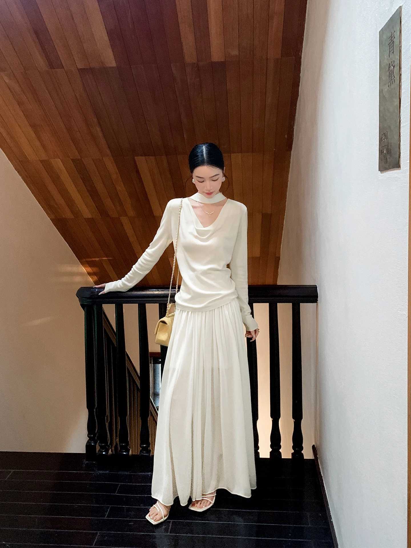 

Ele Knitted Sweater And Slim Fit Skirt Two Piece Set for Women in Beige Color V Ne Design Casual Wear for Spring