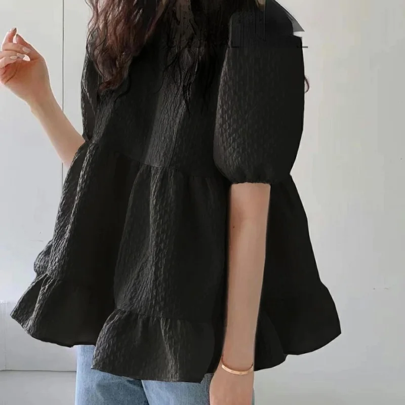 Blusa elegante de manga corta abombada para Mujer, camisas lisas simples con volantes y cuello redondo, Blusa sencilla informal japonesa para Mujer