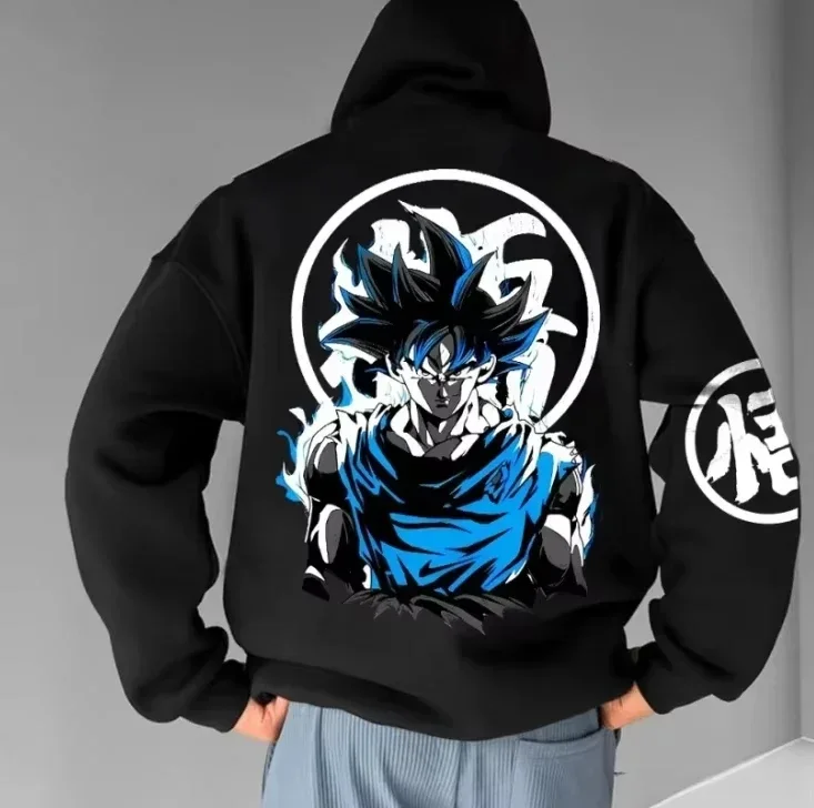 

Dragon Ball 2026, новая популярная толстовка с принтом на спине Гоку, эффекты синего пламени, кандзи, текстовый акцент, карман-кенгуру, флисовая подкладка