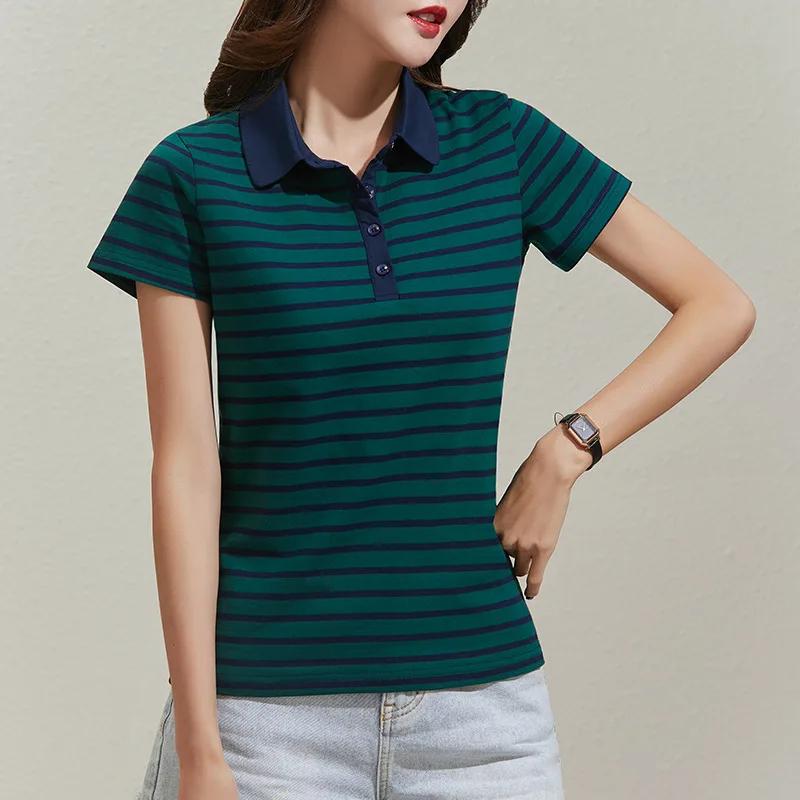 2021 Summer Womens Polo Shirts Cotton Short Sleeve T\'Shirt Female Breathable Striped Tops tees Fashion Black lady tops M-4XL