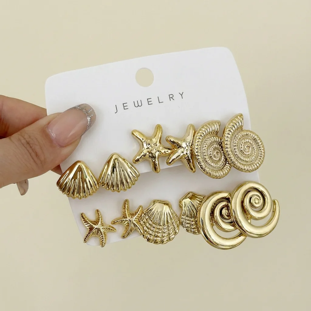 3 Paar goldfarbene Seestern-Muschel-Ohrstecker-Set für Damen, modische CCB leichte Stern-Ohrringe, Boho-Schmuck-Accessoires