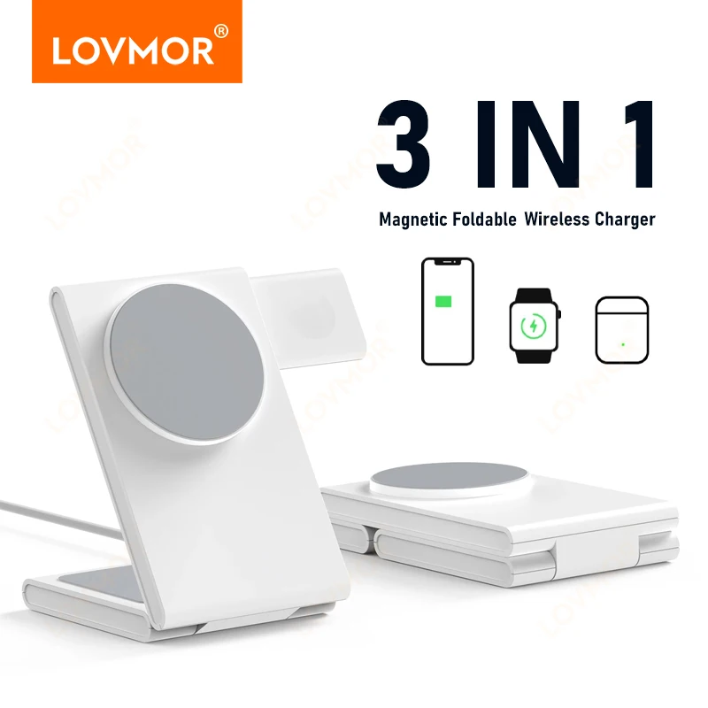 

3 in 1 Magnetic Wireless Charging Station for iPhone 15 14 13 12 Pro Apple Watch AirPods Foldable Travel MagSafe Stand Charger