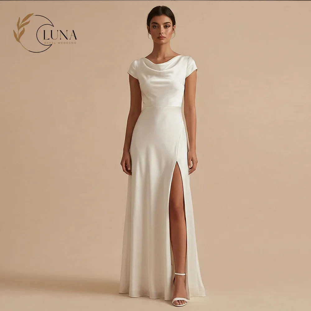 Luna White Long Sheath Cowl Neck Engagement Dress with Slit Floor-Length Bridal Party Dresses Customized Lady Simple Gown