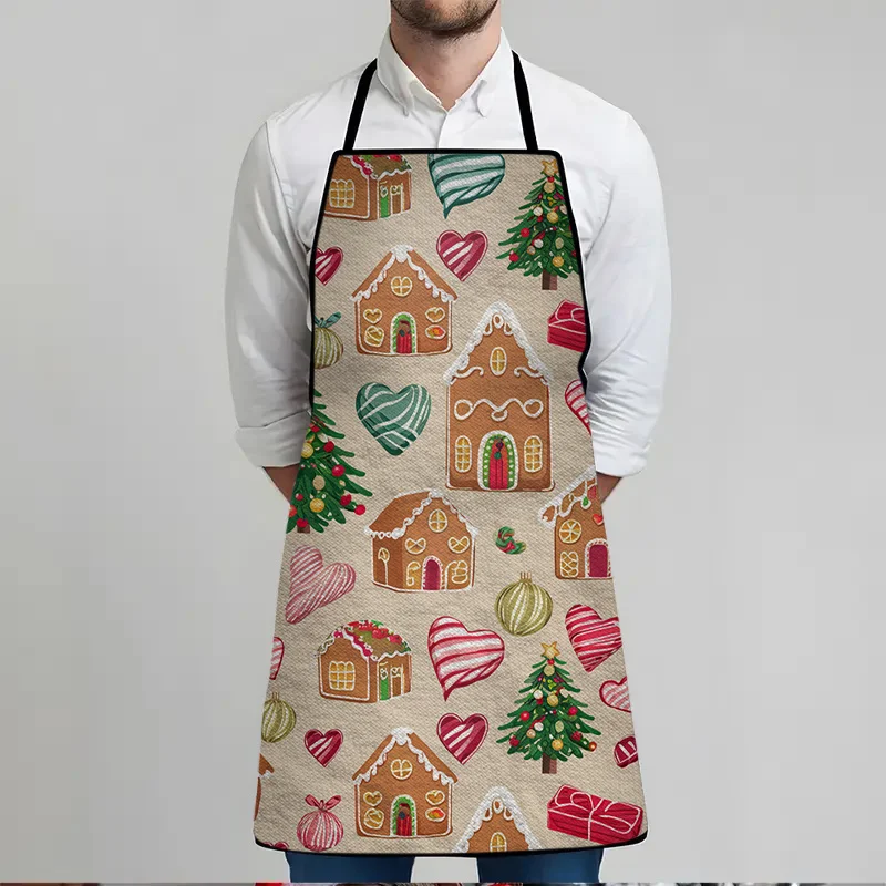 1pc Large Christmas Gingerbread House Apron with Gingerbread Men Women Print Heavy-Duty Washable Kitchen Apron