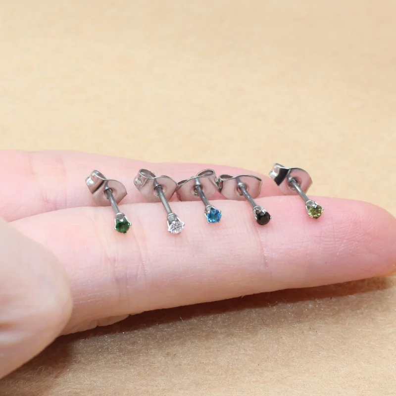 2PC Stainless Steel 2mm Colorful Green Crystal Zircons Stud Earrings For Men Women Delicate Fashion No Fade Allergy Free