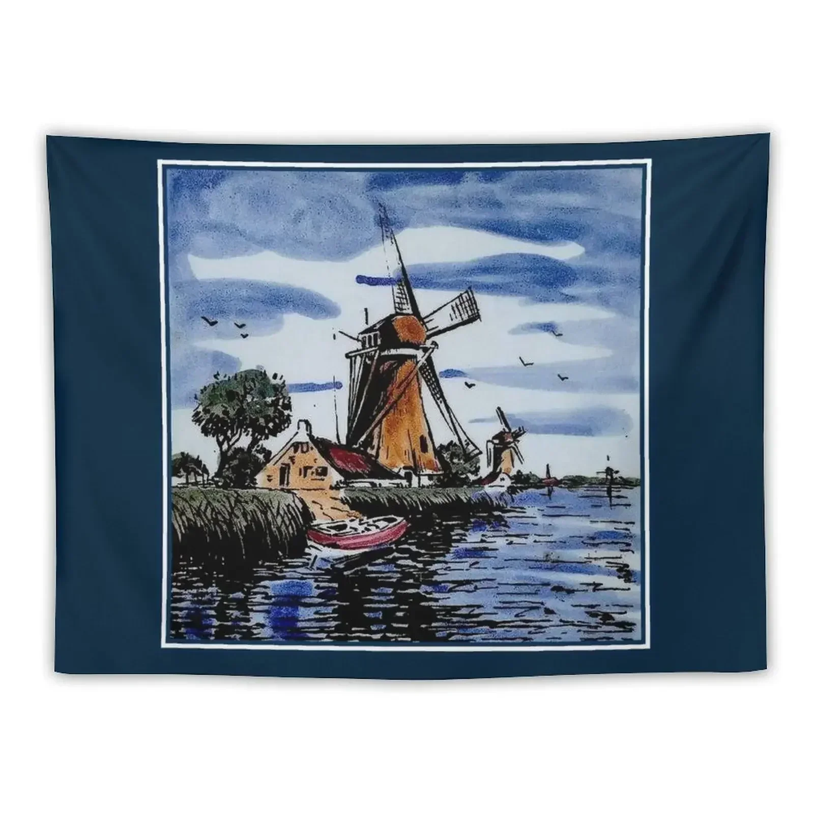 

DUTCH BLUE DELFT : Vintage Colorful Windmills and boat on River Print Tapestry Wall Decoration Items Wall Coverings Tapestry