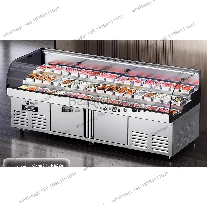 Commercial three-step ice table barbecue skewers cooked food fresh-keeping cabinet arc glass dish display cabinet
