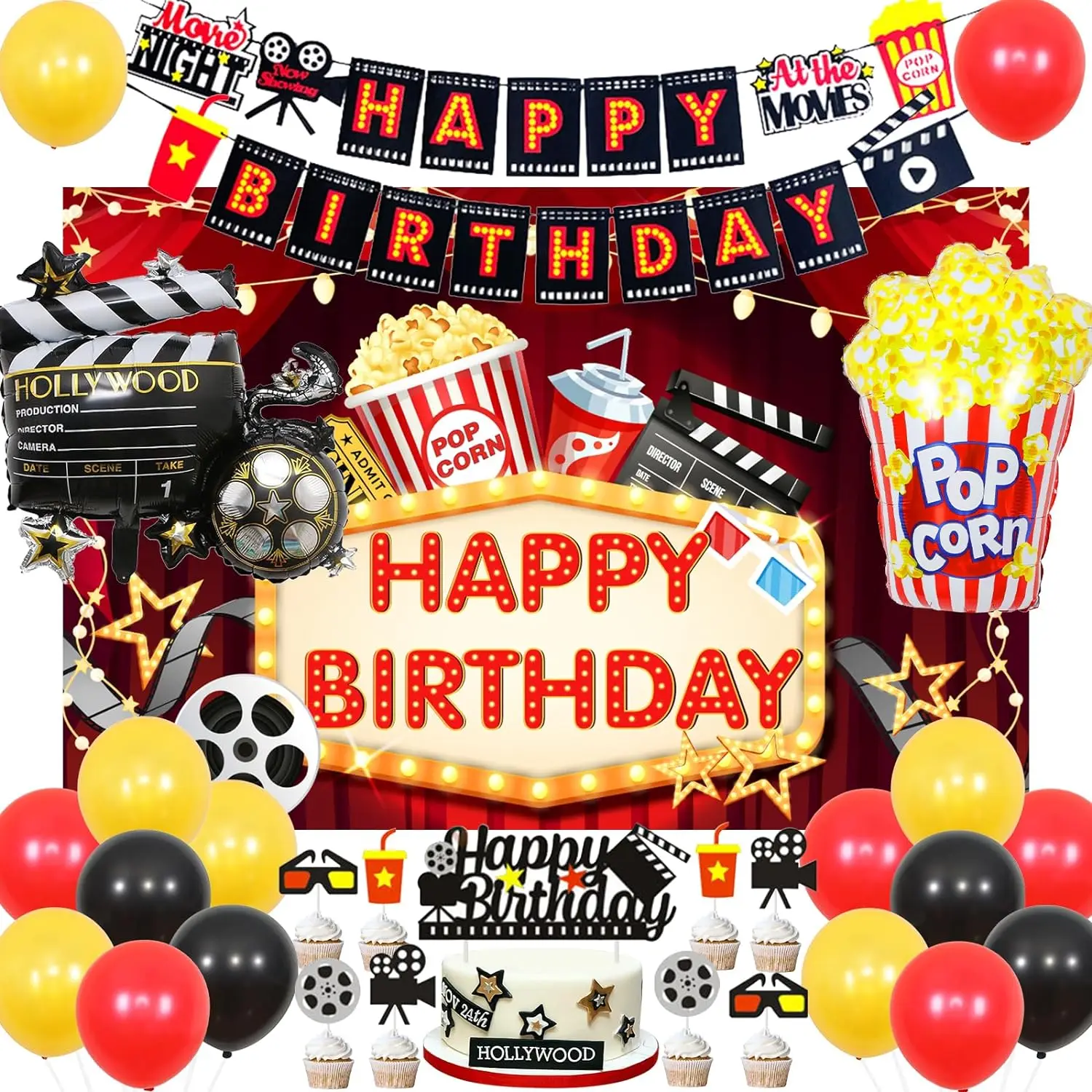 Movie Night Birthday Party Decorations Movie Night Themed Happy Birthday Banner Cake Topper Popcorn Camera Theater Foil Balloons