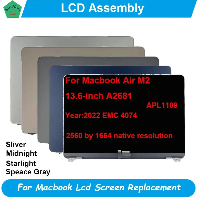 Nowy wyświetlacz LCD do laptopa Macbook Air Retina 13,6 "M2 A2681 Zespół wyświetlacza LCD Srebrnoszary Starlight Midnight 2022 EMC 4074