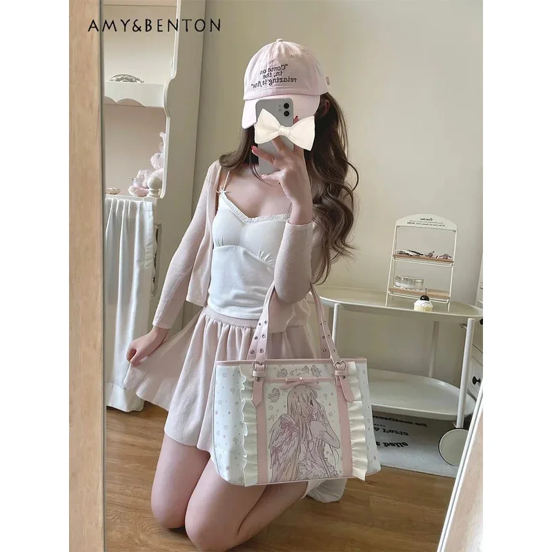

25COSSweet Girl Two-dimensional Animation Printed Bow Handbags Student Commuting Style Shoulder Bag Cute Versatile Bags for Wome