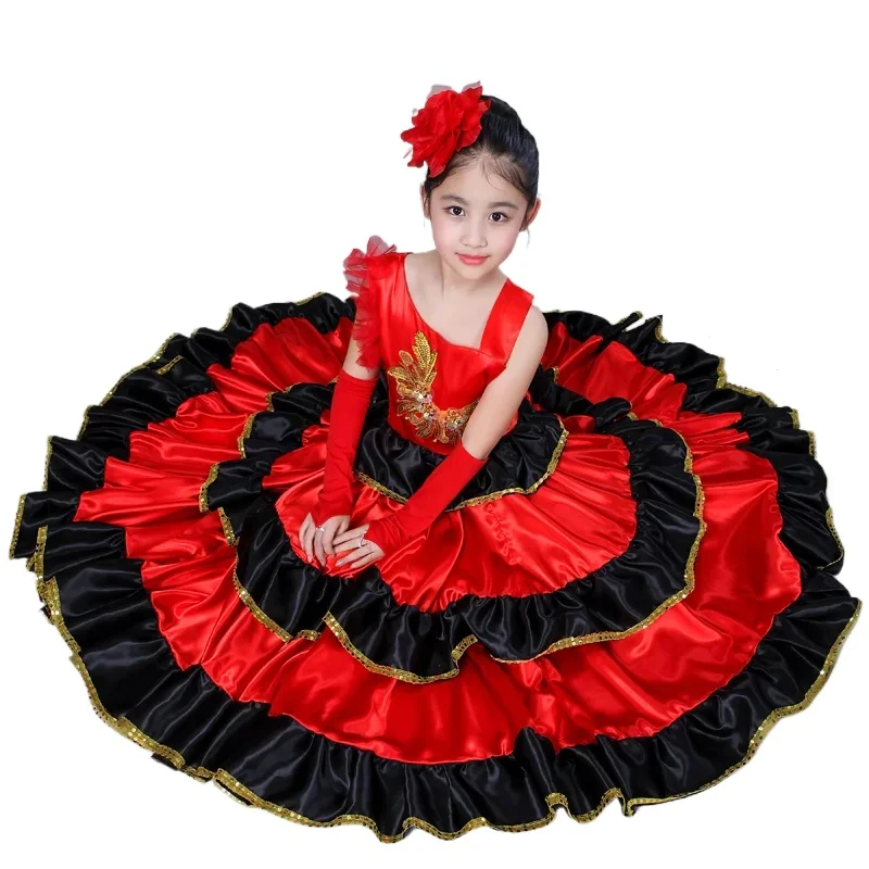 Spanish Costume Performence Girl Long Red Flamenco Dress Ballroom Skirt For Girls Child Dance Dresses Costumes For Kids Clothes