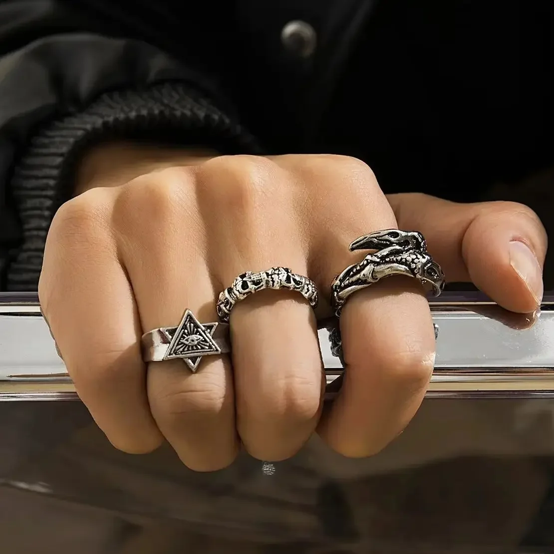 New Vintage Hip Hop Claw/Geometry Rings Set for Men Trendy Punk Silvery Stackable Finger Ring Street Jewelry Accessories