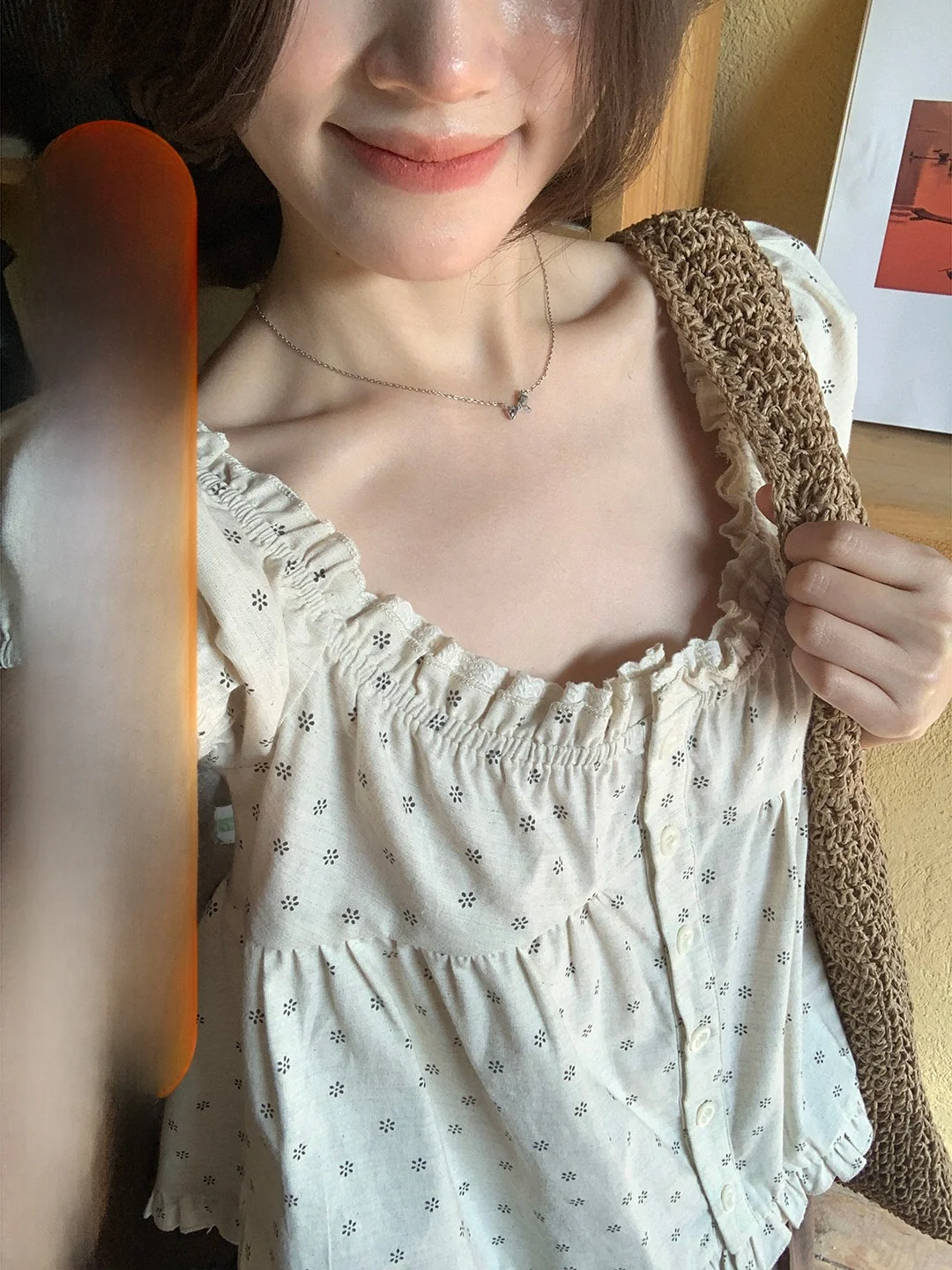 

Sweet Floral Print Bubble Sleeve Short Sleeve Shirt Loose Fit Korean Style Versatile Youthful Cotton Blend Spring Summer Top