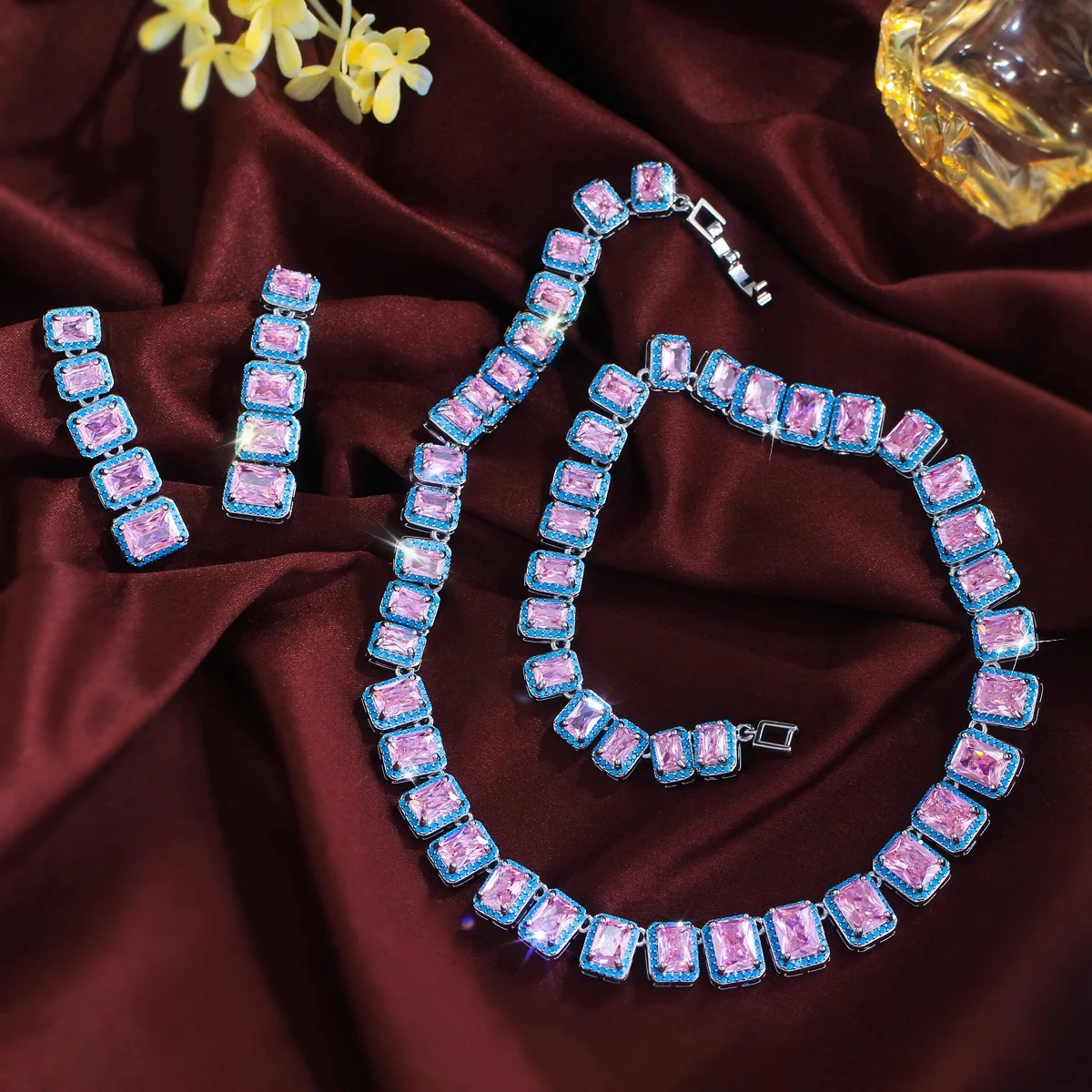 

Pera Women's Pink Rectangle Zirconia & Turquoise Tennis Chain Choker Necklace And Earrings Set Wedding Jewelry Set J081
