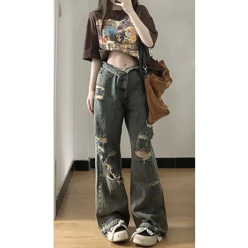 Retro Women Make Old Jeans Autumn Lady Hole Straight Cylinder Denim Pants Female High Waisted Wide Legs Ripped Cowboy Trousers