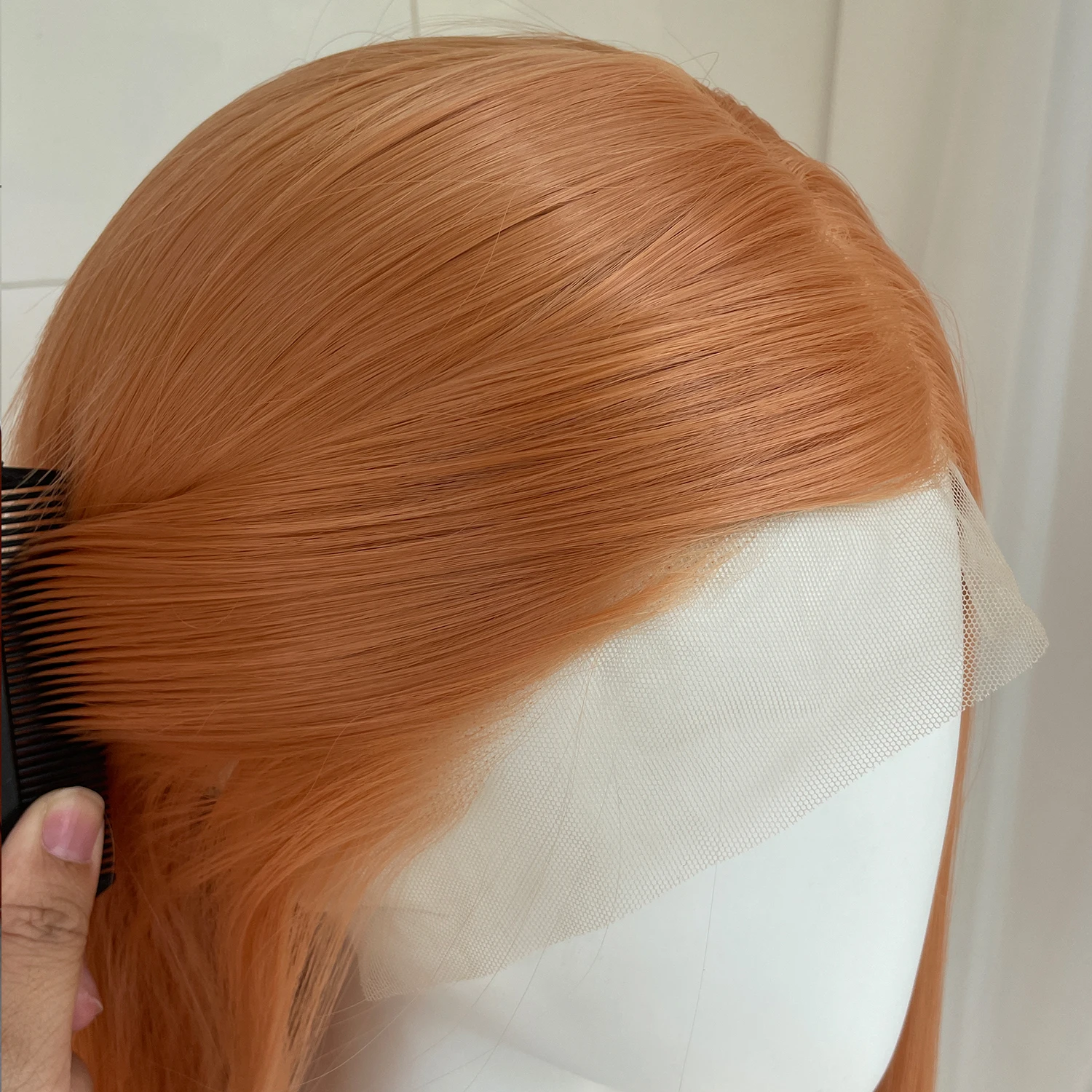Hellorange schulterlange 13x4 synthetische Lace-Front-Perücken für Damen, mittlerer Teil, kurze gerade Perücken, leimlose Perücken, 150 % Dichte – Detail 3